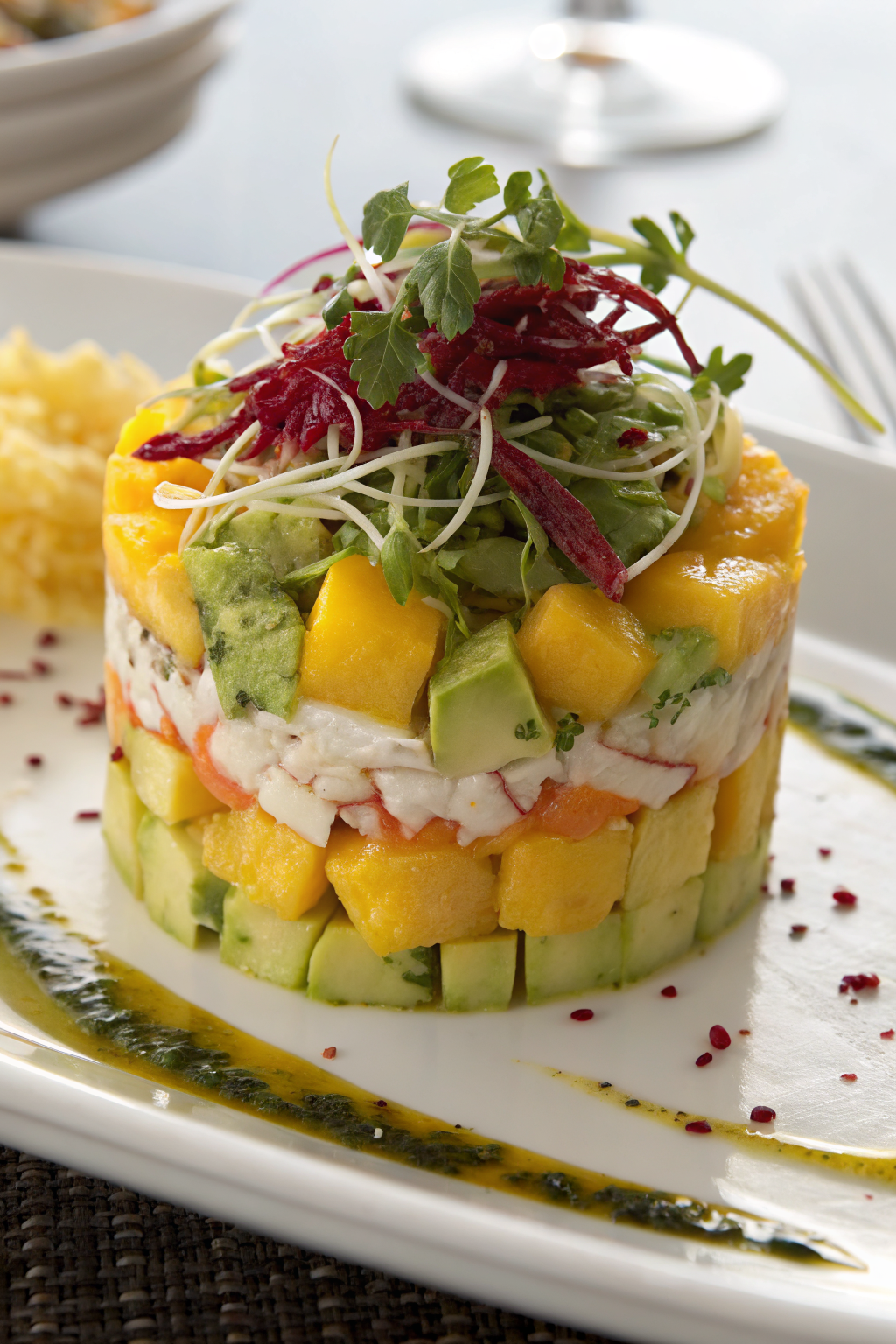 Crab Avocado Towers with Mango Lime-Cilantro Vinaigrette