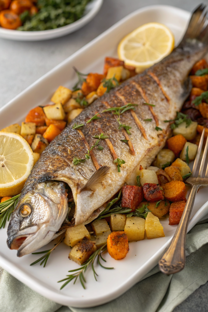 Oven Baked Mediterranean Branzino with potatoes and veggies