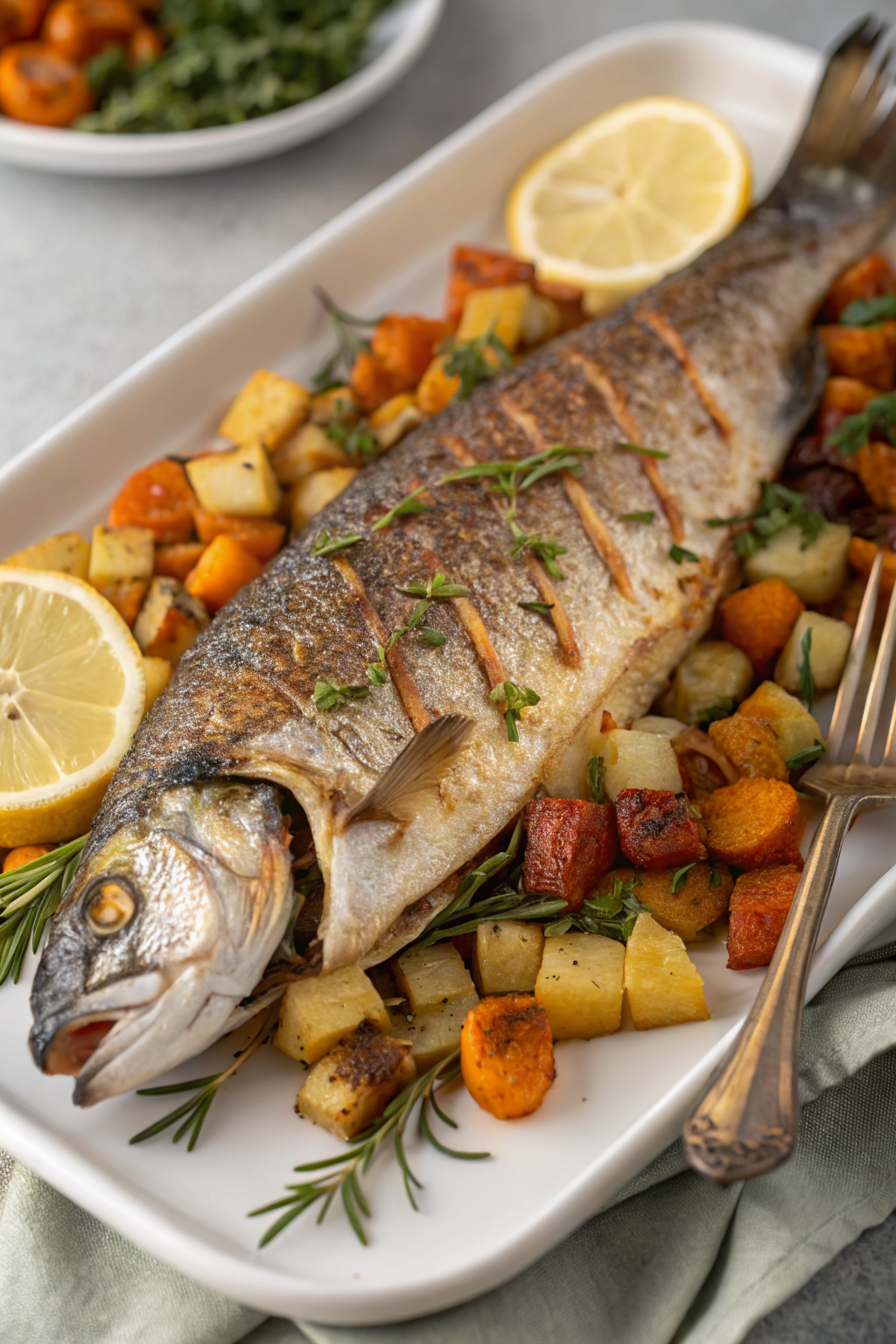 Oven Baked Mediterranean Branzino with potatoes and veggies