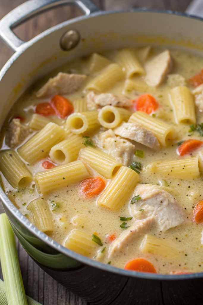 Creamy Chicken Pasta Soup Recipe with Carrot and Spinach