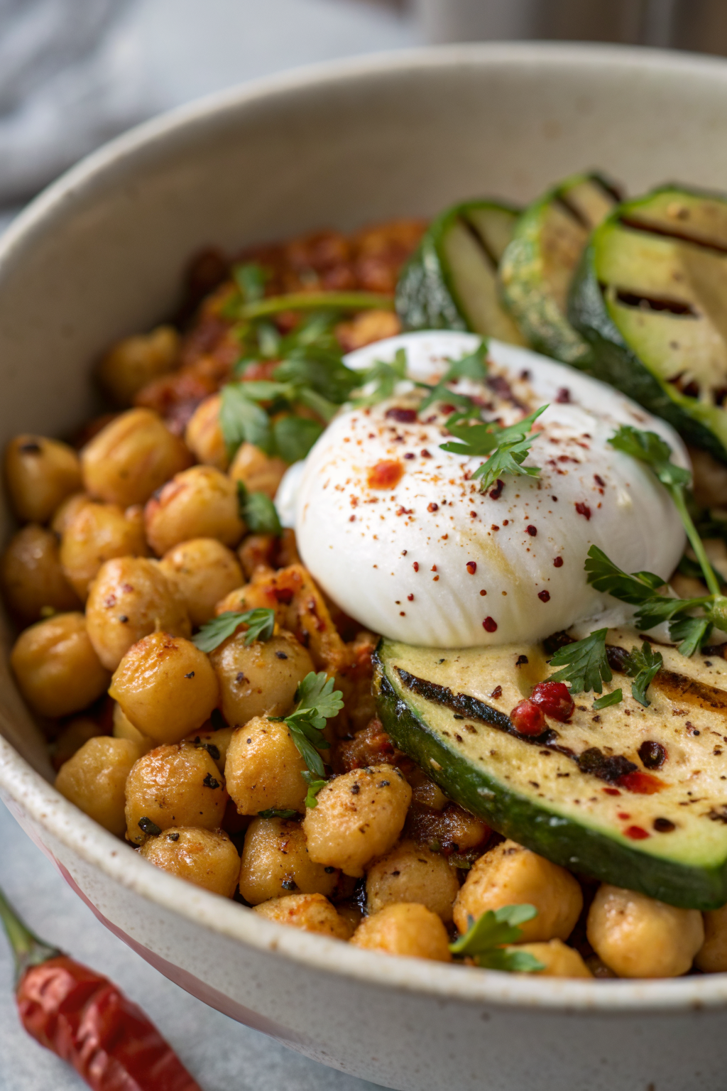 Grilled Zucchini Chickpea Salad with Burrata Chili Oil