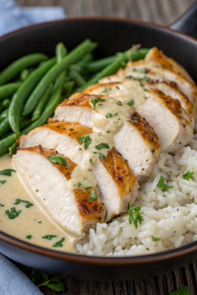 Creamy Herb Chicken with Green Beans Steamed Rice