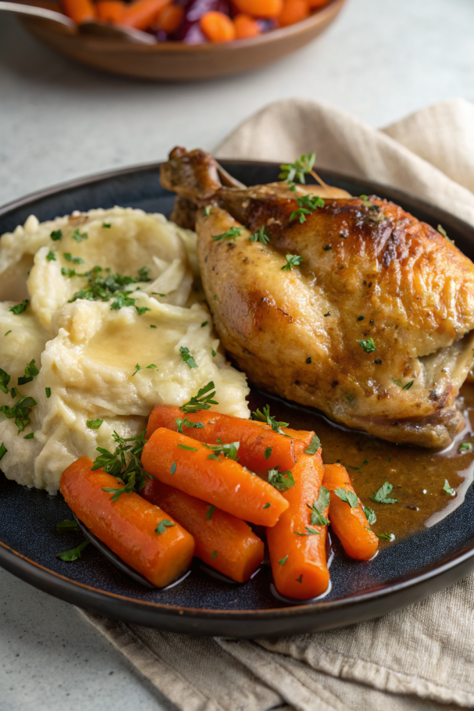 Creamy Herb Chicken with Mashed Potatoes Glazed Carrots