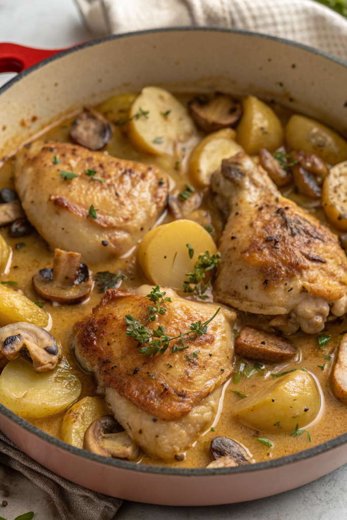 Herb Roasted Chicken in Creamy White Sauce with Mushroom and Potatoes