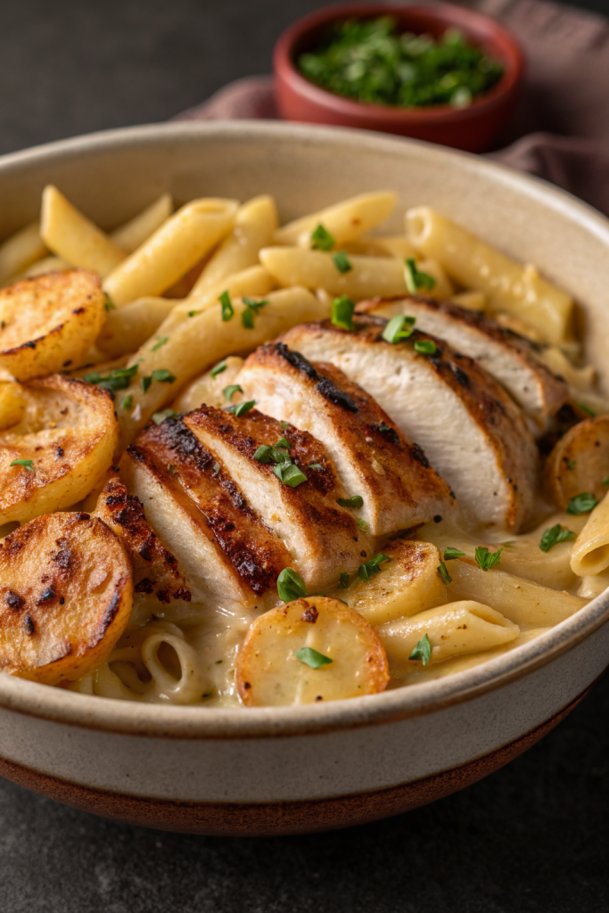 Loaded Herb Grilled Chicken with Creamy Pesto Pasta Roasted Potatoes