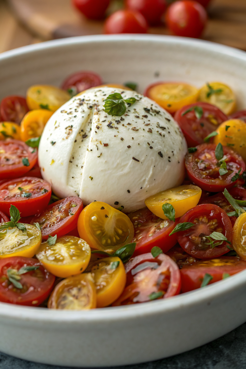 Marinated Tomato and Burrata Salad with Balsamic Glaze