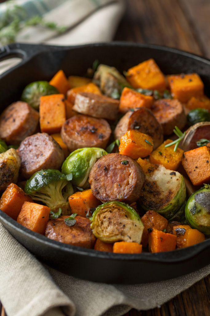Sausage Veggies Skillet with Butternut Squash Brussels Sprouts.