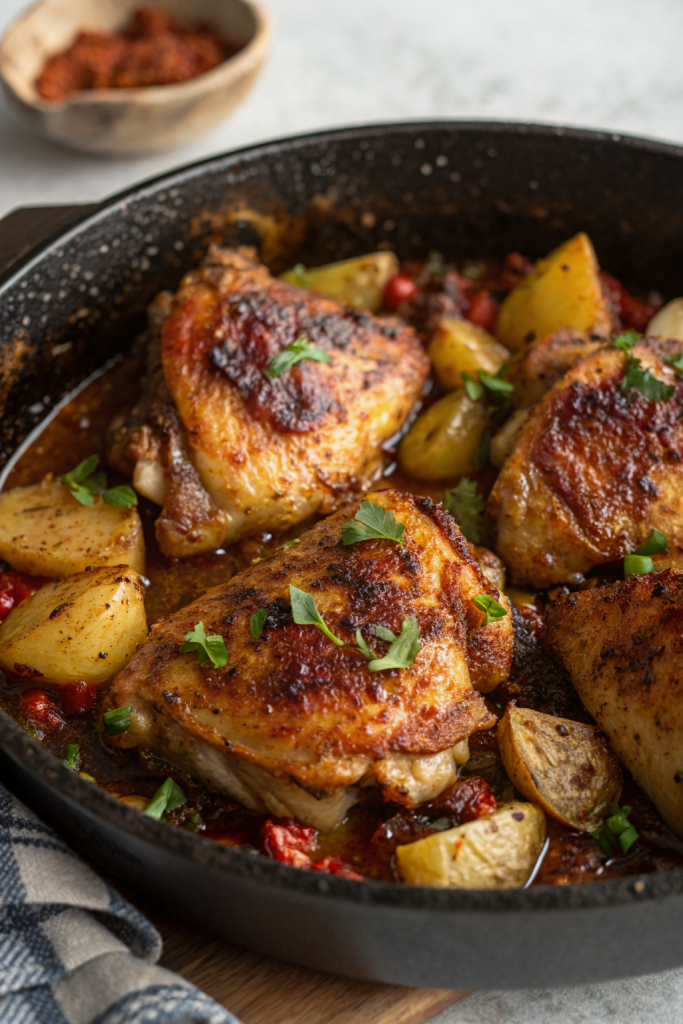 Garlic Butter Chicken Thighs with Baby Potatoes Skillet Recipe