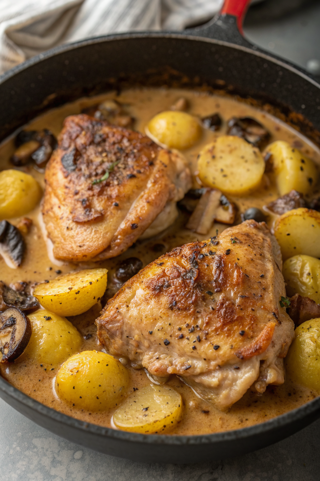 Herb Roasted Chicken in Creamy White Sauce with Mushroom Potatoes