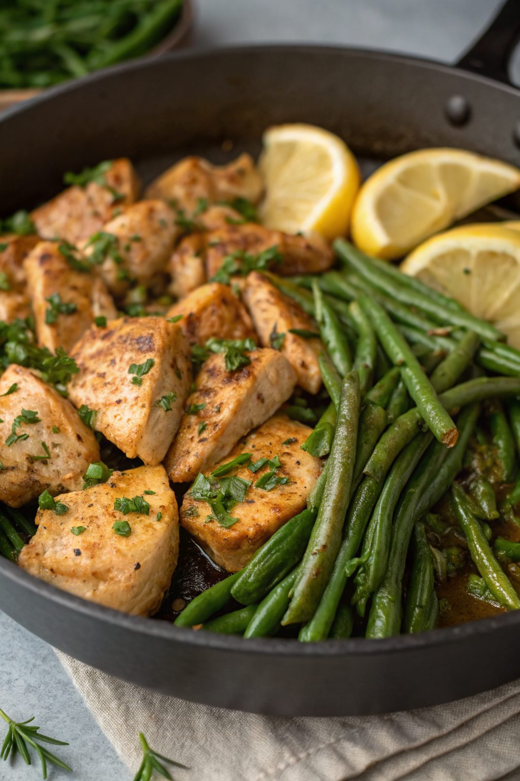 Lemon Garlic Butter Chicken Thighs with Green Beans Skille