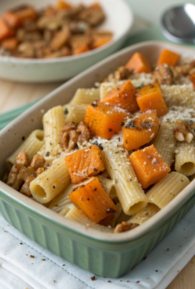 Cheesy Pasta Bake with Pumpkin Tomato Sauce