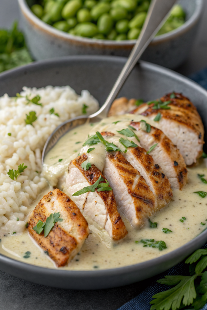 Creamy Herb Chicken with Green Beans Steamed Rice
