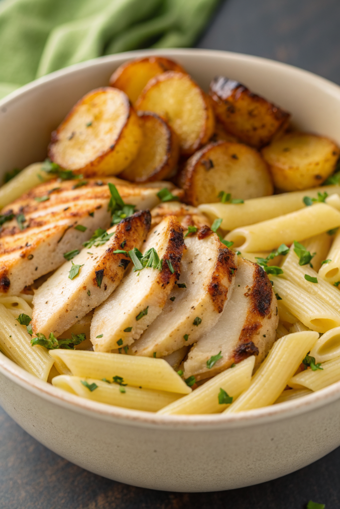 Loaded Herb Grilled Chicken with Creamy Pesto Pasta Roasted Potatoes