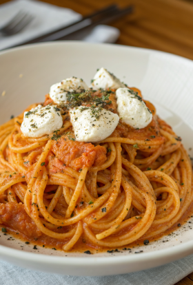 Creamy Red Pepper Pasta with Burrata and Herbs