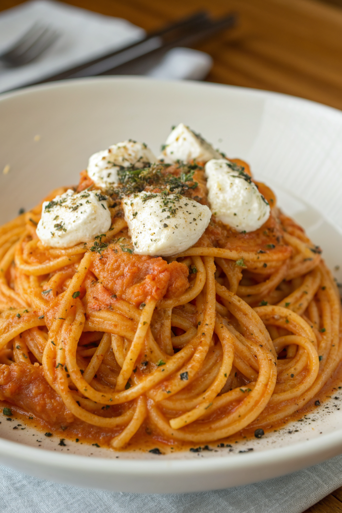 Creamy Red Pepper Pasta with Burrata and Herbs