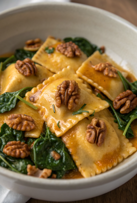 Pumpkin Pasta with Toasted Walnuts and Spinach