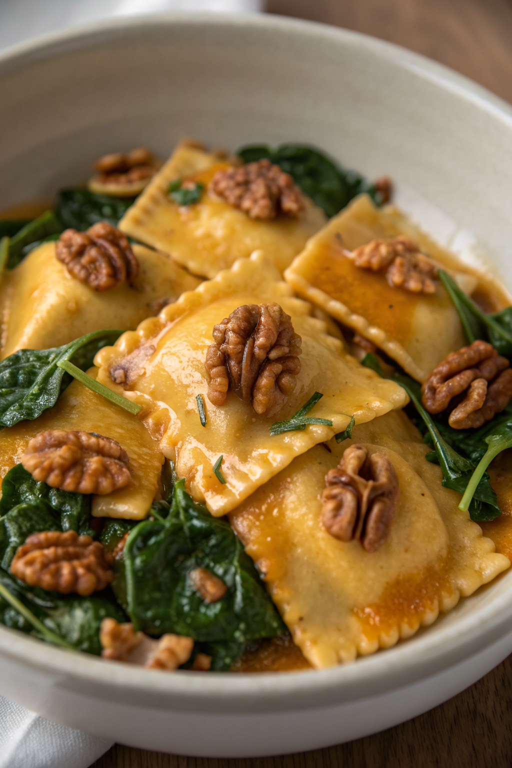 Pumpkin Pasta with Toasted Walnuts and Spinach
